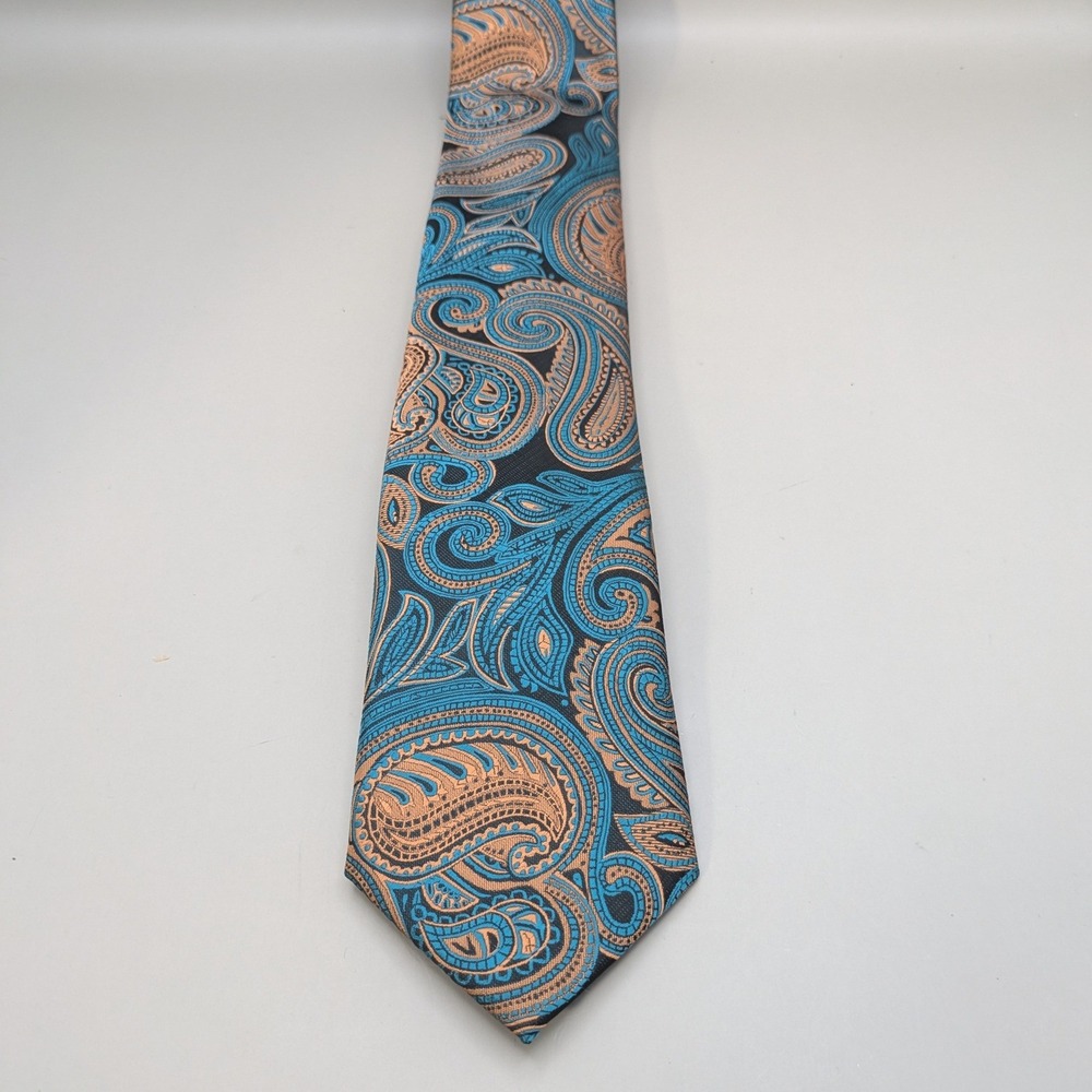DiBanGu Mens Silk Tie Teal Copper Navy Paisley Hand Tailored Woven Jacquard